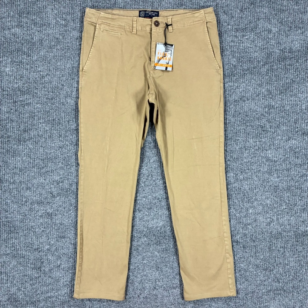 American Eagle Active Flex Khaki Pants Mens Size 36x32 Skinny Stretch Mid Rise